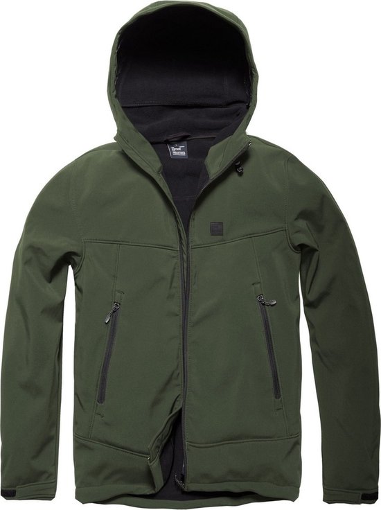 Donkergroene softshell jas met capuchon, ritssluiting en zwarte ritsen.