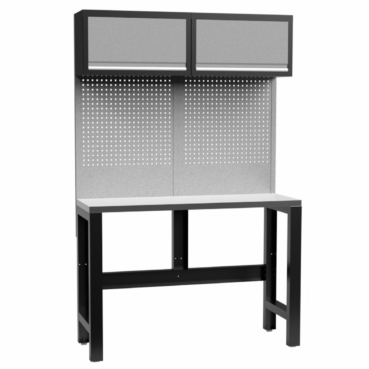 Kraftmeister werkbank 136 cm - Werktafel met met gereedschapswand, 2 opbergkasten en RVS werkblad - Grijs
