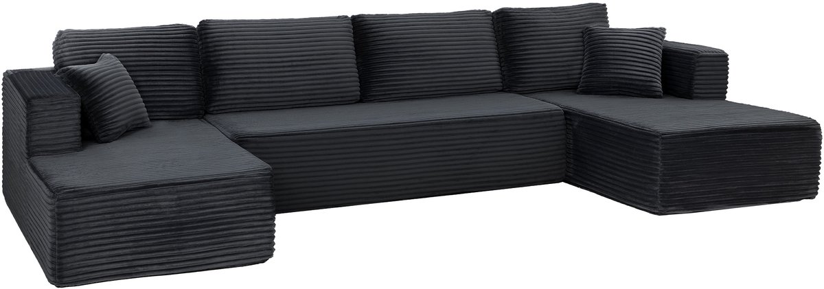 Homona Modulaire U-bank - Slaapbank van cord - Met 2 chaiselongues, 4 rugkussens en 2 kussens - 369 x 152 x 78 cm - Donkergrijs
