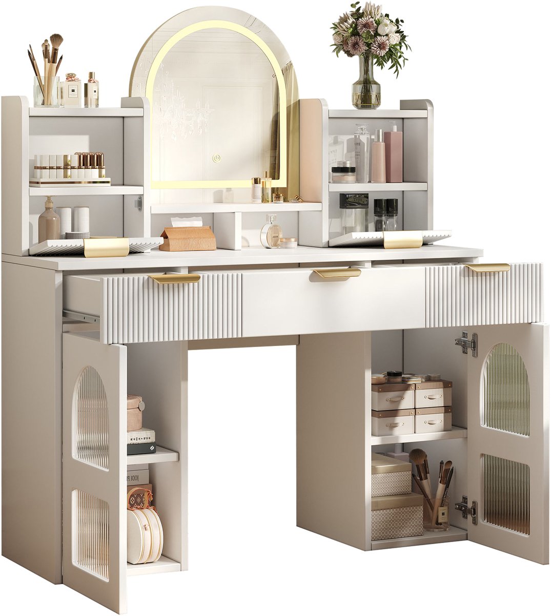 Kaptafel Met Spiegel - Make-uptafel Met Ledverlichting En Drie Laden - Glazen Deuren En Open Vakken - Witte Slaapkamerkast Van MDF En Spaanplaat
