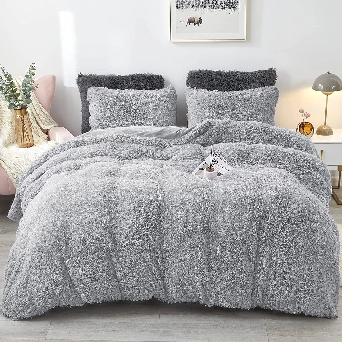 LUCKICE Beddengoedset Pluche Beddengoed 135x200cm Extra Zachte Imitatiebont Flanellen Biber Dekbedovertrek met Kussensloop 80x80cm en Ritssluiting