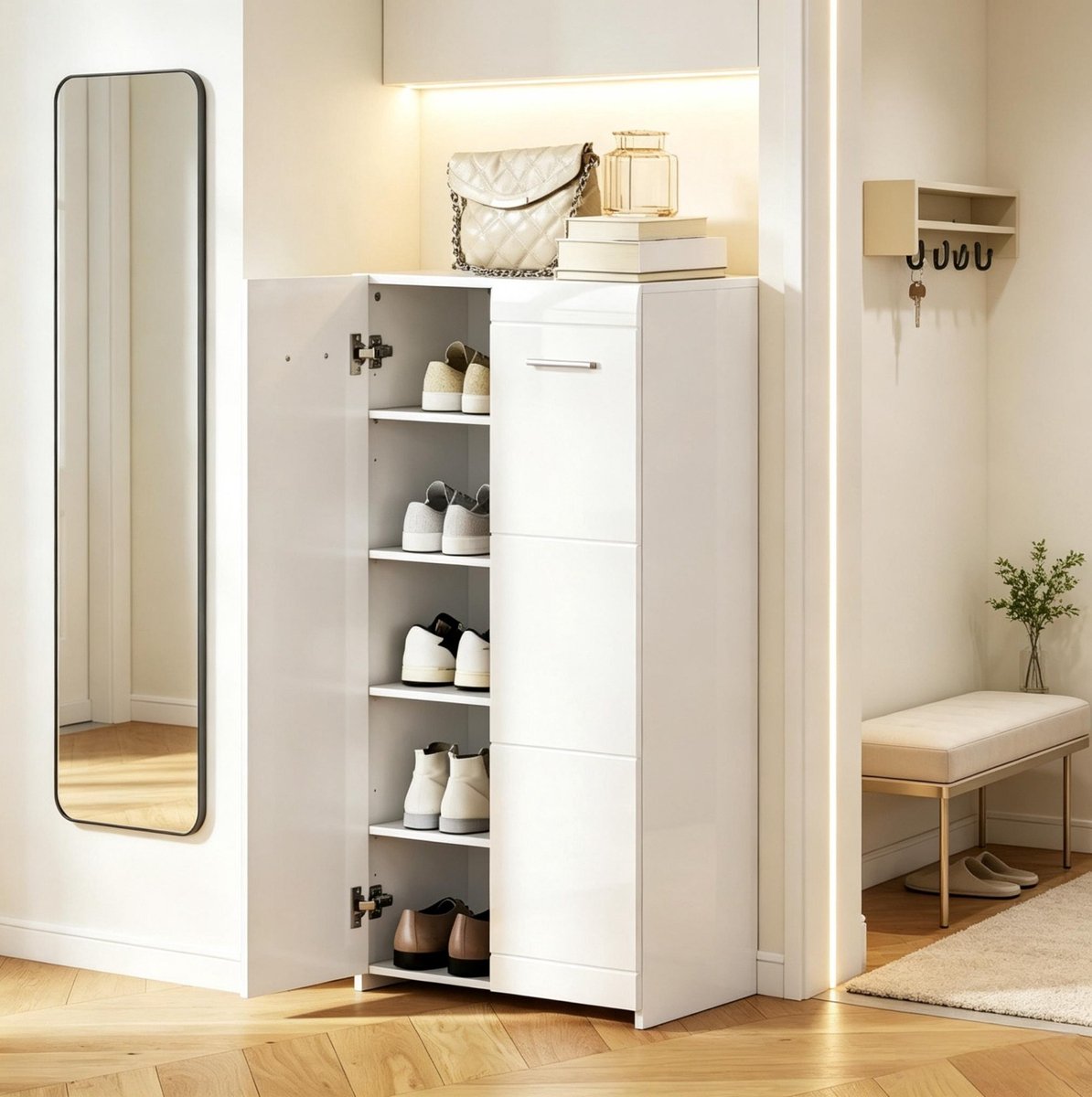 HAUSS SPOLE Schoenenkast - Hoogglans Met Vijf Niveaus En Verstelbare Planken - Voor Hal En Slaapkamer - Spaanplaat - 55x36x108 Cm - Wit