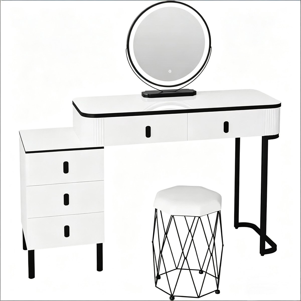 Kaptafel Met Dimbare Ledspiegel En Kruk - Make-uptafel Met 5 Laden En Opbergkast - Voor Slaapkamer Of Dressing - Wit Zwart