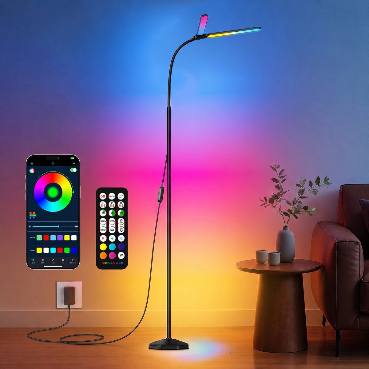 Rayofi -Staande lampen - 24W LED Vloerlamp - Dubbele Lampkoppen - Dimbaar RGBIC Vloerlamp - Met Afstandsbediening en App Bediening - Verstelbare Flexibele Lamparm - Oogvriendelijke Hoge Lamp - Geschikt voor Woonkamers, Slaapkamers en Kantoren