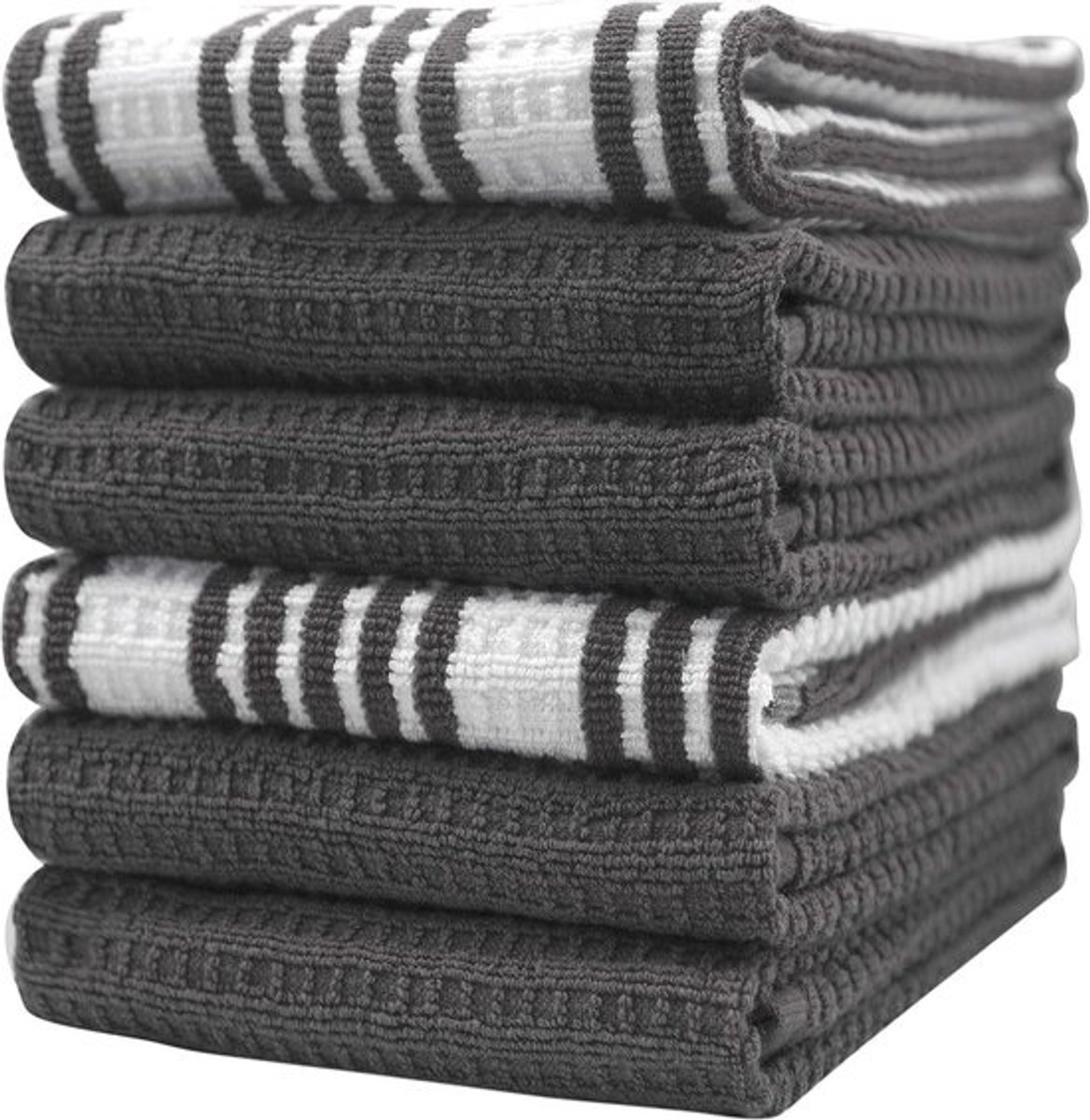Grote set katoenen theedoeken - 6 absorberende theedoeken met ophanglus - Gestreept wafelweefsel - 40 x 71 cm