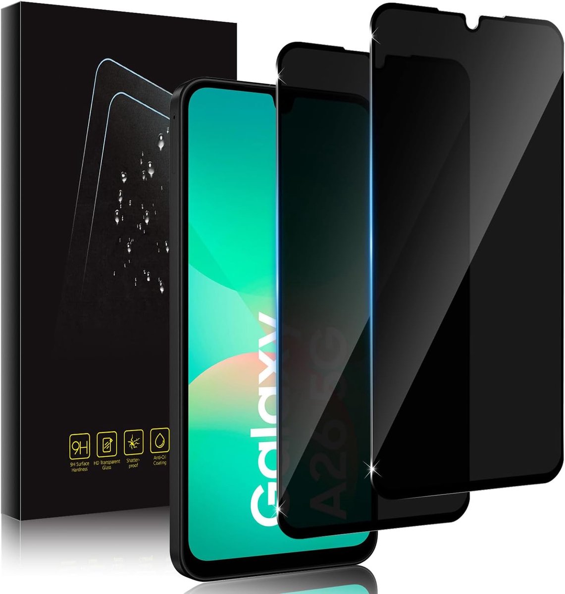 Privacy Displaybeschermfolie voor Samsung Galaxy A26 5G, anti-spy van gehard glas, displaybeschermfolie met hardheidsgraad 9H, krasbestendige displaybescherming, 2 stuks