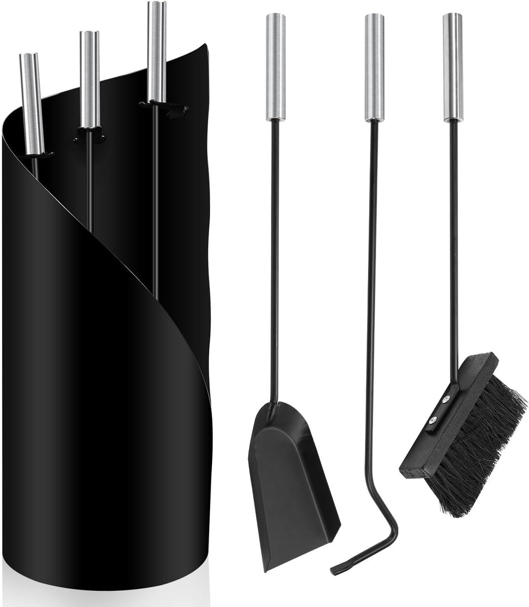Haardbestek, 4-delig, modern, zwart met roestvrijstalen handgrepen, haardgarnituur met bezem, schep, ijzeren haak, standaard