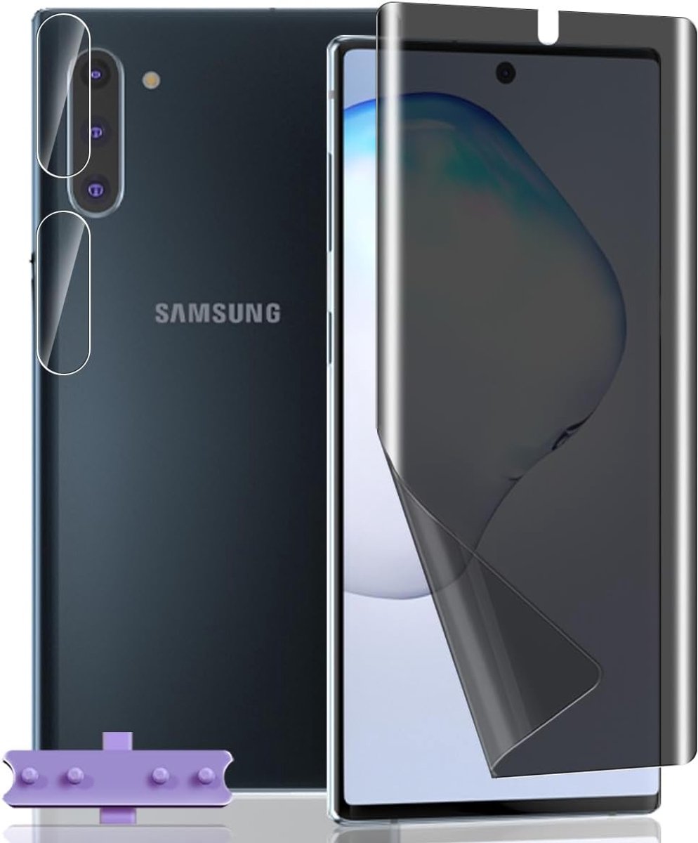 Zichtbescherming schermfolie voor Samsung Galaxy Note 10, [1 stuk] Anti-Spy zachte TPU folie en [2 stuks] camerabescherming pantserglas, flexibele schermfolie voor Galaxy Note 10