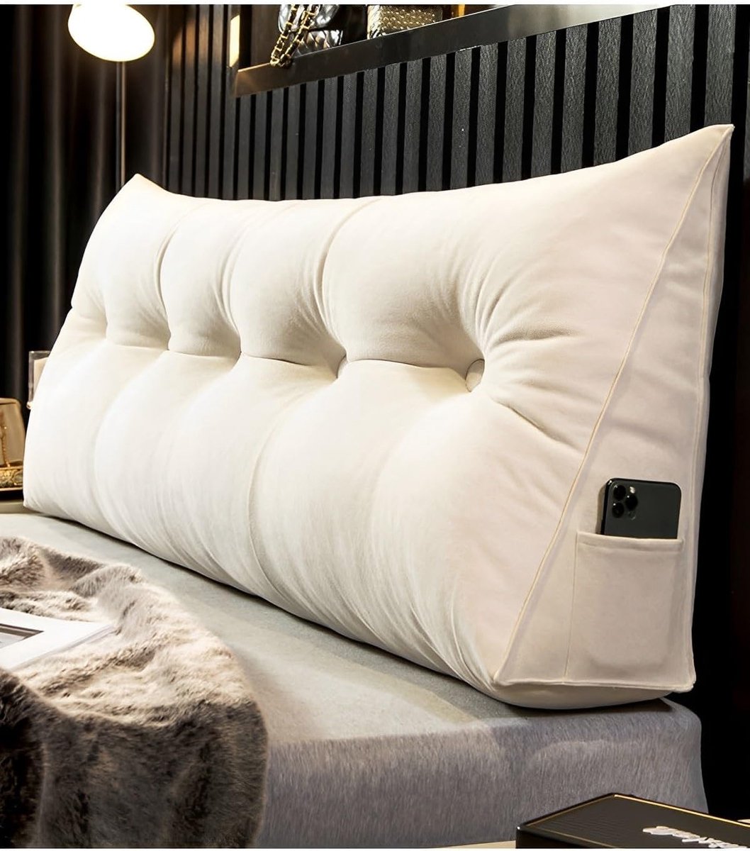 Leeskussen met zijvak, wit lendensteunkussen, wigkussen voor slaapkamer, bed, erker, bank, hoofdeinde, rugleuning, steunkussen, 200 x 50 x 20 cm