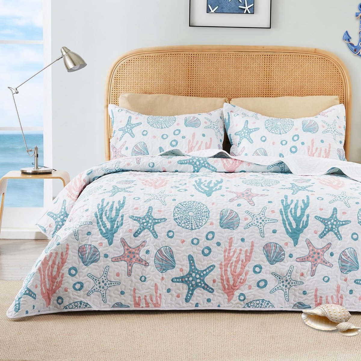 Cabin Kingsize dekbed beddengoedset, kustroze spreien - zomer strand nautische quilt lichtgewicht sprei - omkeerbaar beddengoed sprei voor het hele seizoen - 3-delig (1 quilt, 2 kussenslopen)