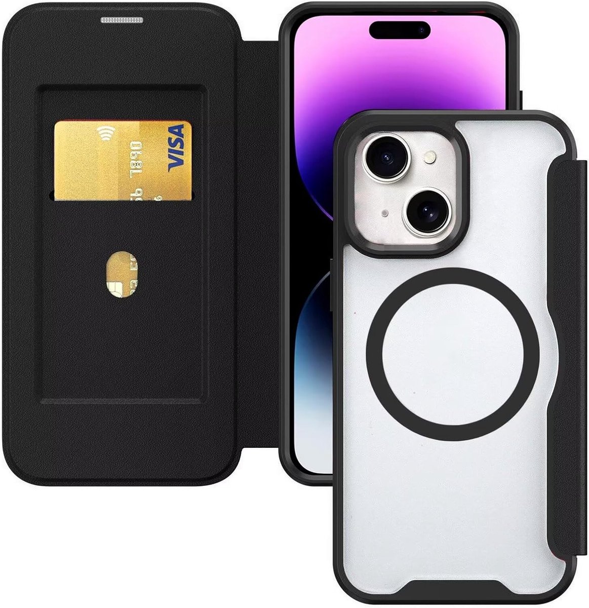 Telefoonhoesje voor iPhone 15, folio lederen portemonnee klaphoes met Mag-Safe Draadloos Opladen,RFID-blokkering,kaartenvak Beschermhoes Case Zwart