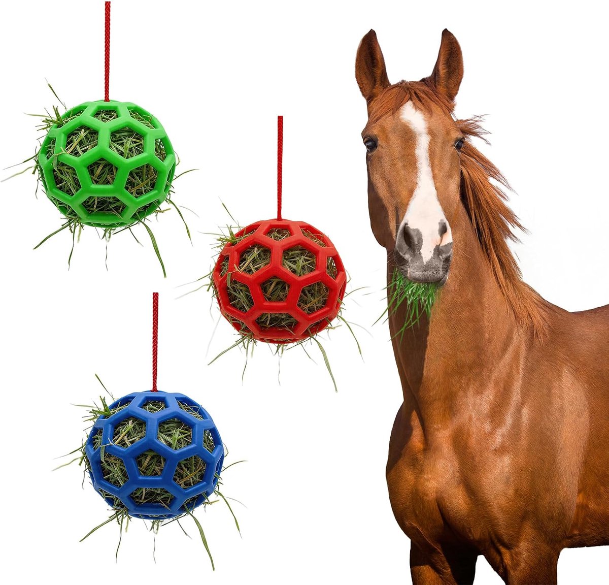 3 stuks hooiballen, paard, groot, hangend, multifunctioneel paardenspeelgoed, 14 cm, TPR, paardenvoederbal, slowfeeder, traktatiebal, paard voor runderen, paarden, schapen (rood, groen, blauw)