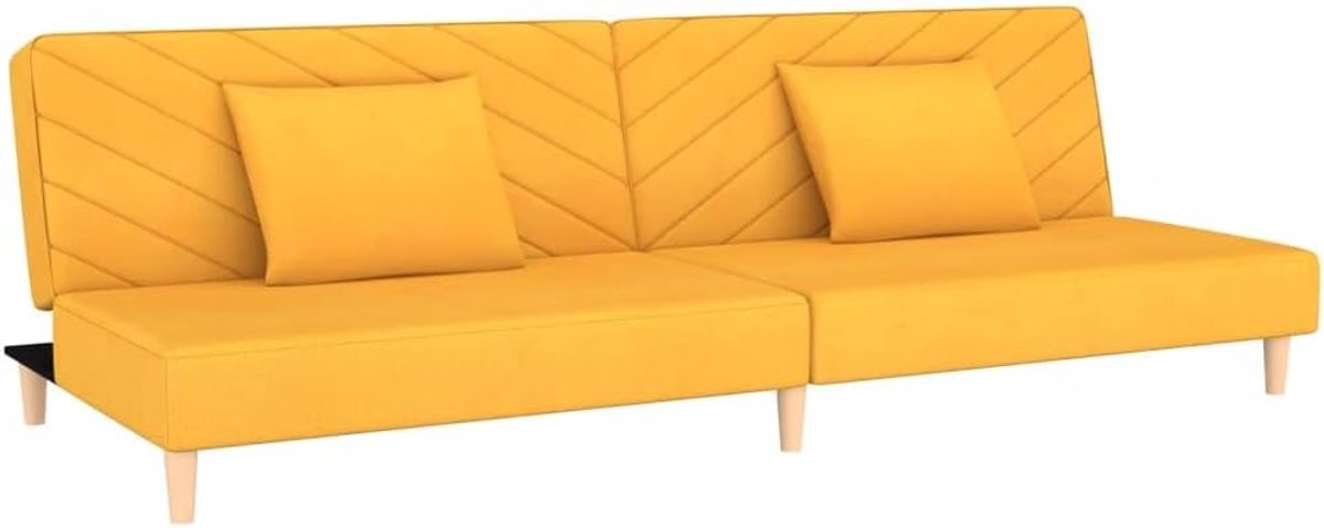 2-zits met 2 kussens, gele stof, slaapbank, uittrekbaar logeerbed, woonkamer, bank, comfortabel zitgevoel, robuust houten frame, veelzijdig inzetbaar