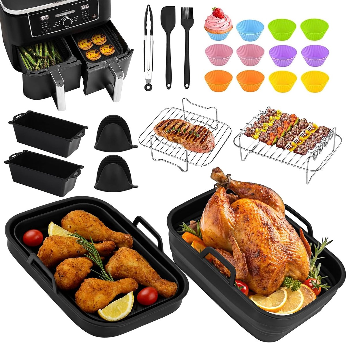 27 stuks Opvouwbaar Siliconen Luchtfriteuse-vorm voor Ninja Foodi MAX Dual Zone Airfryer AF400EU AF400EUCP 9,5L Herbruikbare Airfryer Accessoires Vorm voor Ninja Dubbele Airfryer AF500EU 10,4L