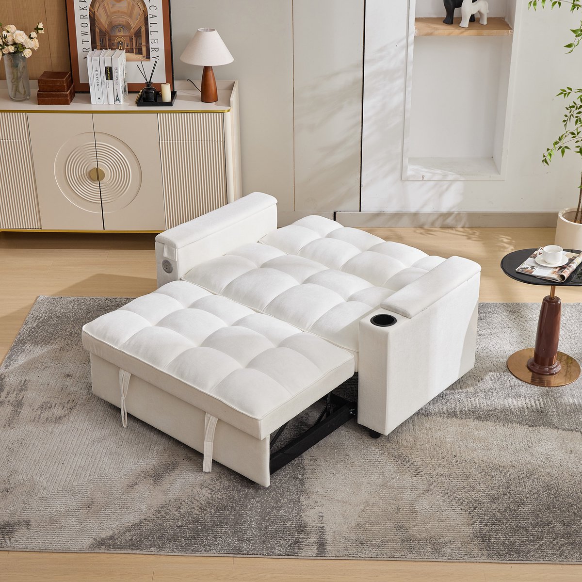 MUVANO 2 Zits Slaapbank - Uitklapbare Loungebank Met USB - Slaapbank Met Verborgen Tafel - Opvouwbare Bank - 140,5x74x82 cm - Verstelbare Rugleuning - Woonkamer Beige