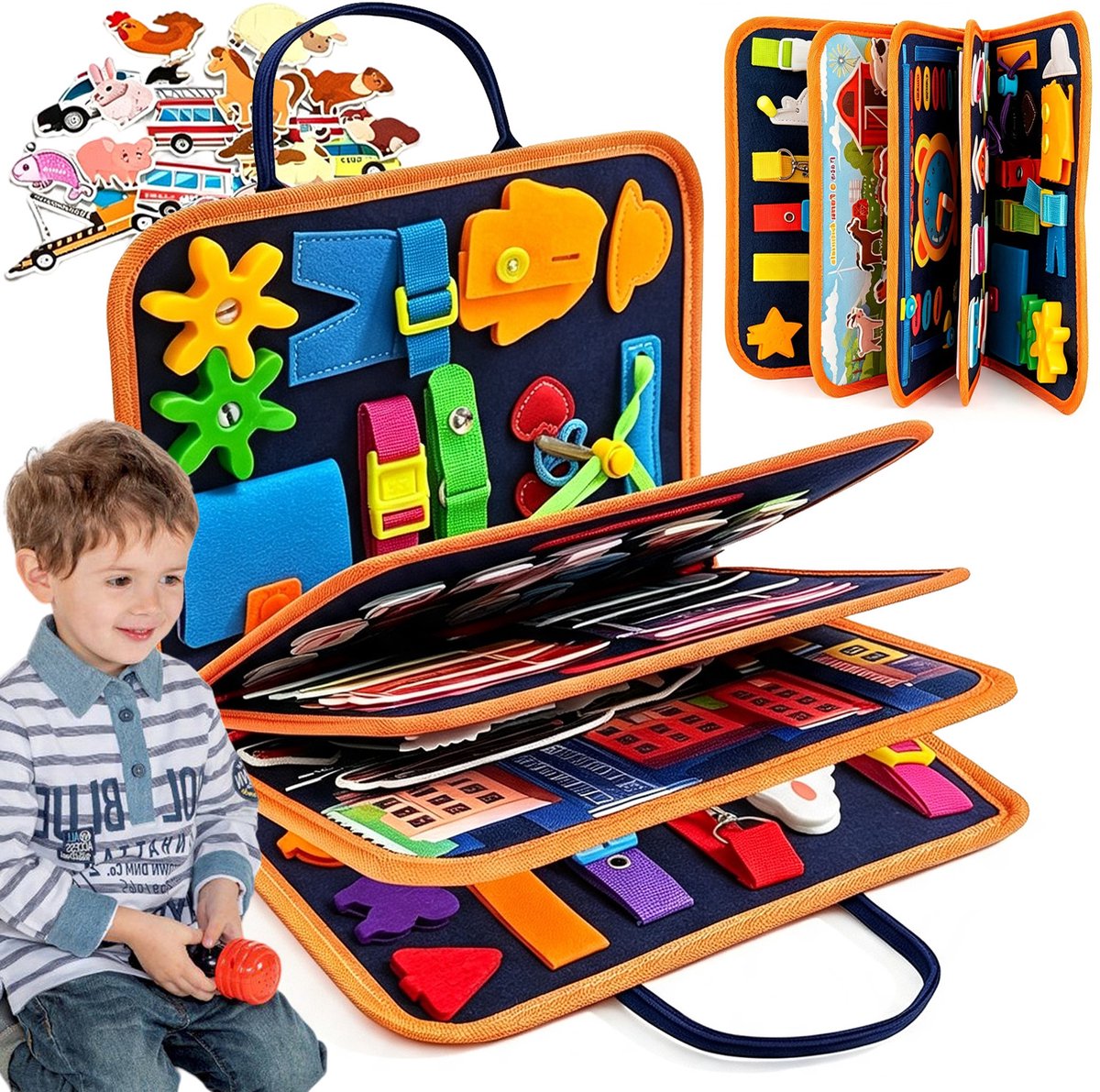 Montessori Activiteiten Boek - Busy Board - Kleuter Doeboek - Sensory Speelboek - Ontwikkelt Concentratie - Voor Fijne Motoriek - Draagbaar Stilteboek - Educatief Speelgoed - Voor Auto & Vliegtuig & Uitjes - 2-4 Jaar