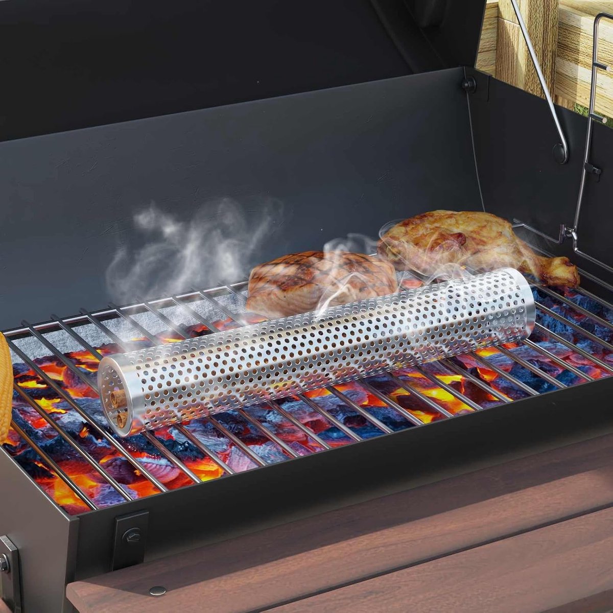 Houtskoolbarbecue, grillwagen met thermometer, zwart, 75 x 48 x