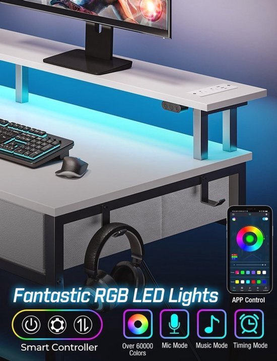 Stijlvol Gaming Bureau met USB-Aansluitingen en Verstelbare Planken - 120 x 51 x 88 cm Wit van Merkloos — afbeelding 3