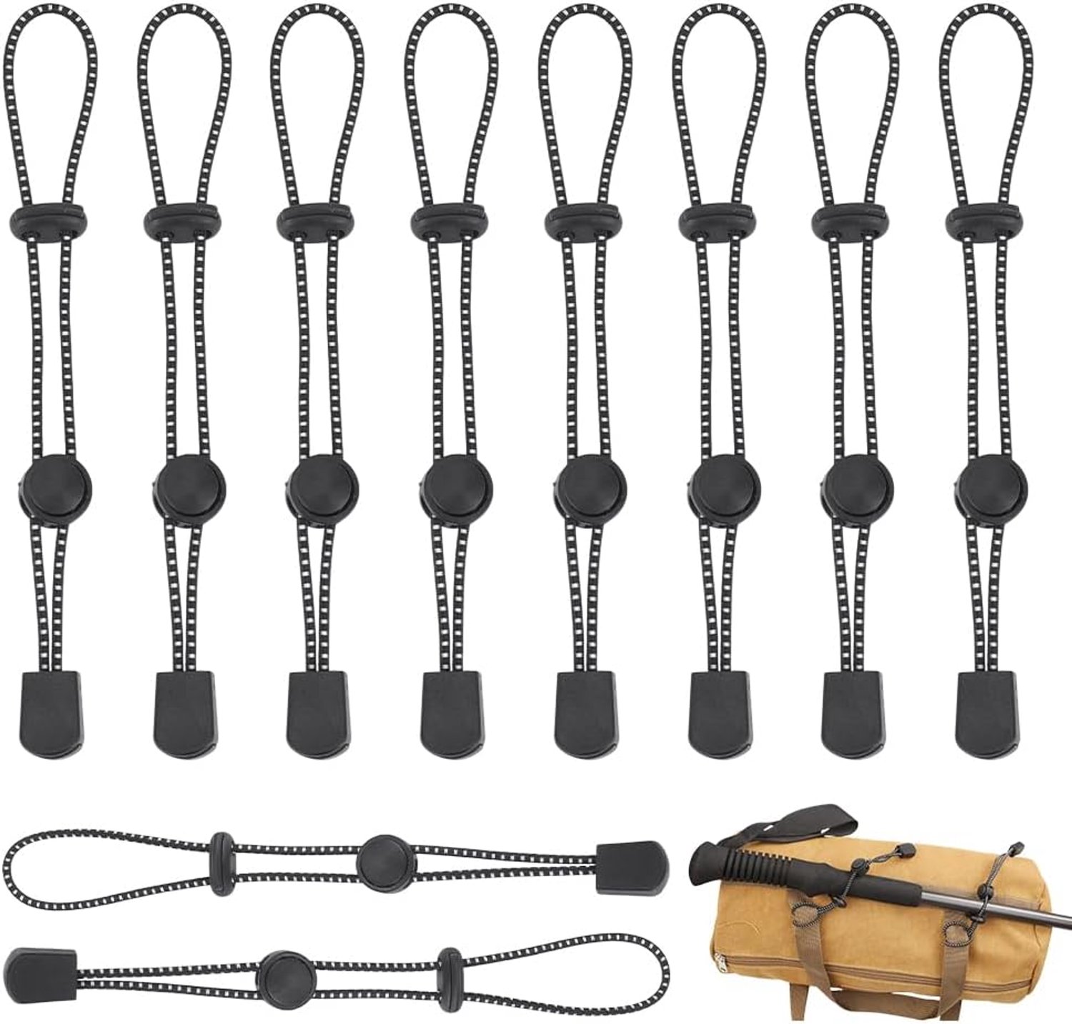 NBEADS 10 Pcs Hiking Sticks Holder for Backpacks, Black Walking Stick Holder Buckle Elastic Rope Lanyard Adjustable Straps for Most Backpacks and Walk