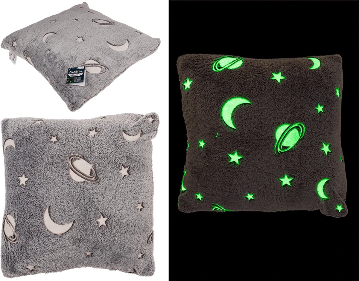 Knuffelkussen, planeten, met glow in the dark, 40 x 40 cm, 100% polyester, Vulgewicht: 280 g - Glow in the Dark Pluche kussen - Planeten kinderkussen - Lichtgevende Sterren & Ruimte Thema, Zacht Polyester