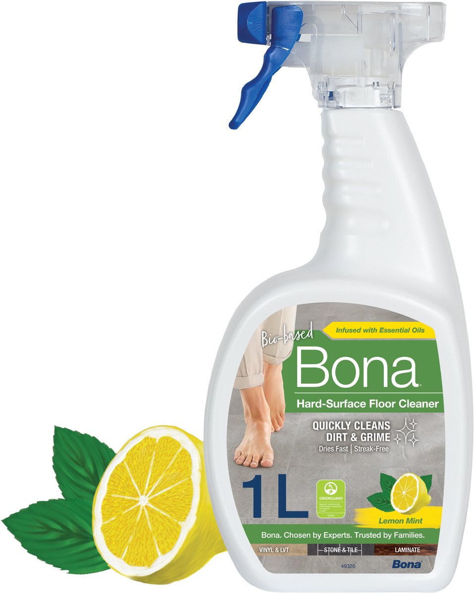 Bona Harde Vloer, Tegel en Laminaat Reiniger - Spray 1 Liter - Frisse Lemon Mint Geur - Natuursteen Reiniger - PVC Reiniger - Droogt Snel - Gebruiksklaar