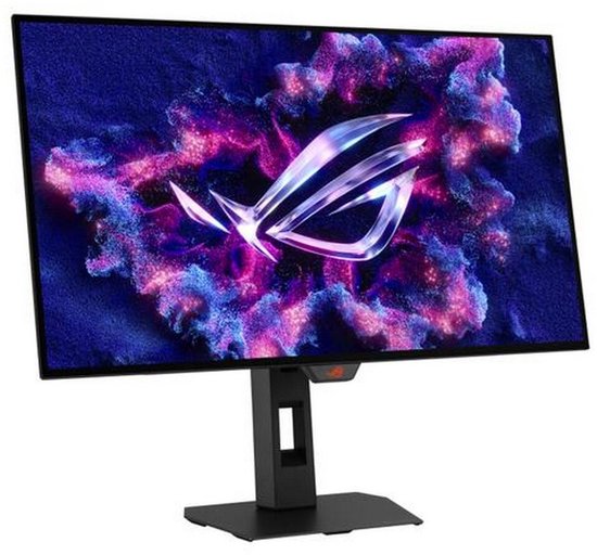 Monitor met paarse, roze en blauwe explosie en ROG-logo.