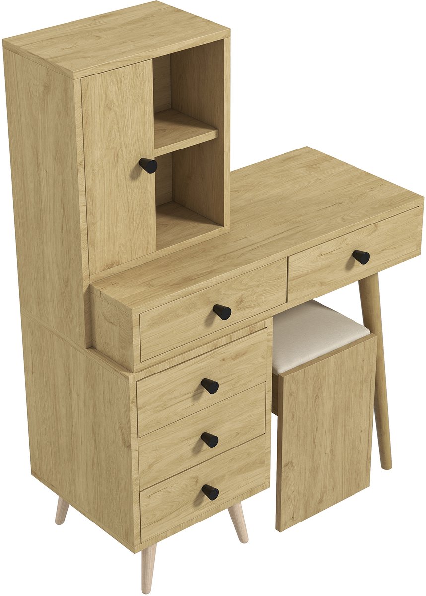 Kaptafel Met Verzinkbare Spiegel - 5 Laden En Zijkast - Uitschuifbaar Tafelblad Voor Slaapkamer - Naturel Houtlook Met Beige Kruk