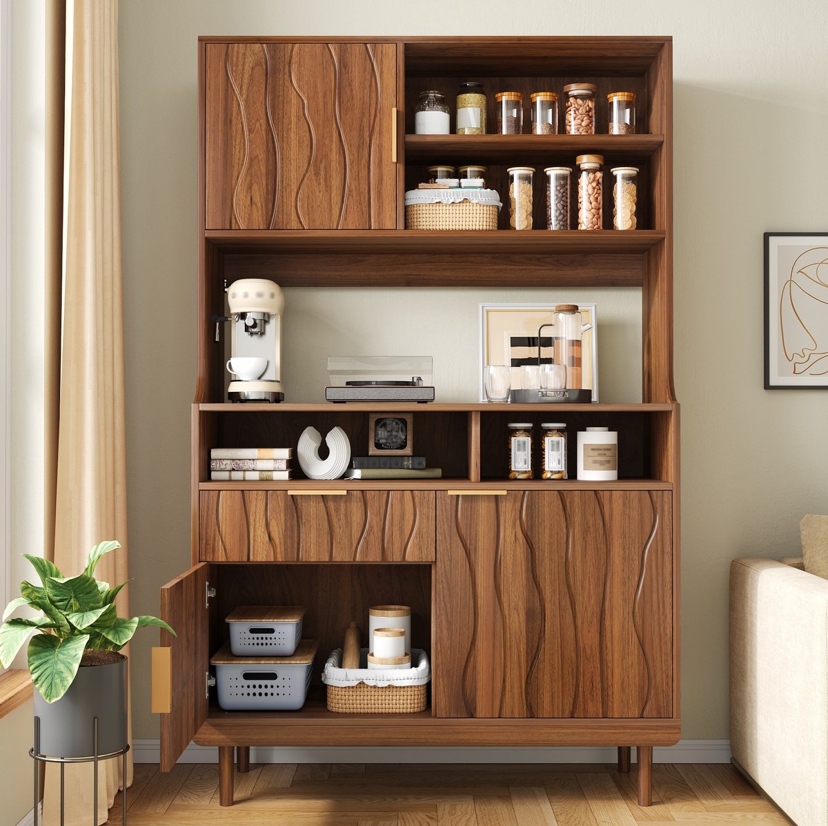 HAUSS SPOLE Buffetkast - Open Vakken, Deuren En Lade - Voor Keuken, Eetkamer Of Woonkamer - MDF En Spaanplaat - 100x32x170 Cm - Walnoot