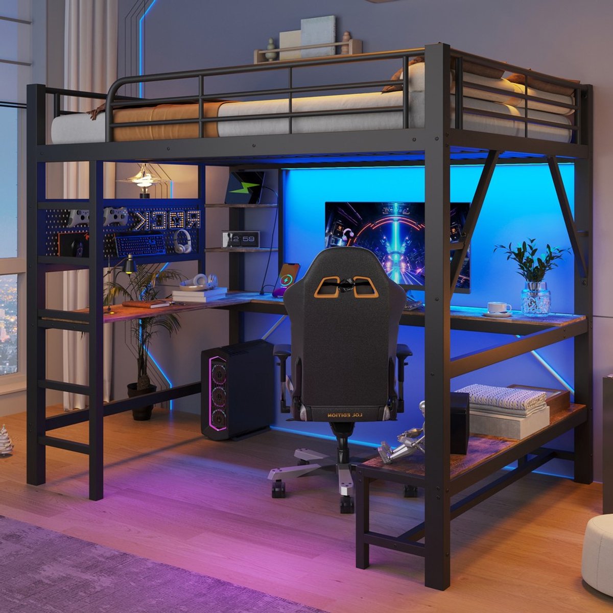 Pugsdrly Hoogslaper, 160 x 200 cm, ijzeren frame, bureau, leuningen, opstapje, meerdere opbergvakken, met USB- en Type-C-aansluiting, met LED-strip, met geperforeerd plankje, zonder matras, zwart