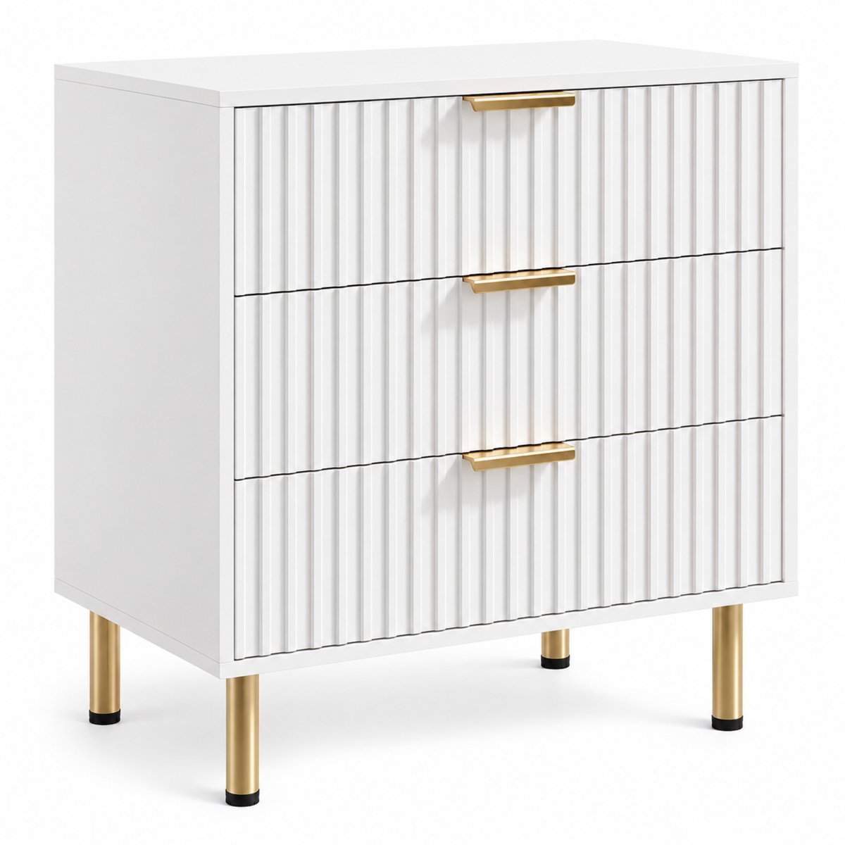 Noventra Nachtkastje 3 Lades – Wit Nachtkastje met Geribbeld Design en Gouden Handgrepen – Opbergkastje voor Slaapkamer, Woonkamer & Hal – Moderne Nachtkast