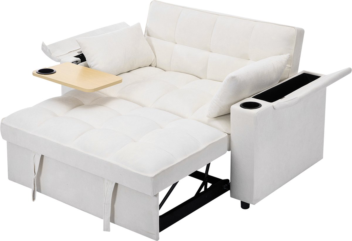 MEUBLE COSY 3-in-1 Slaapbank - 2-Zits Uittrekbare Met Verborgen Tafel En USB - Beige