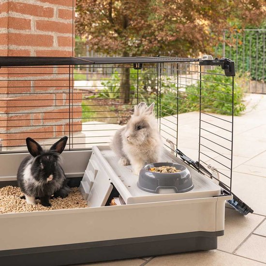 Twee konijnen, een zwarte met witte vlekken en een grijze, in een Krolik Extra Large kooi met voerbak.