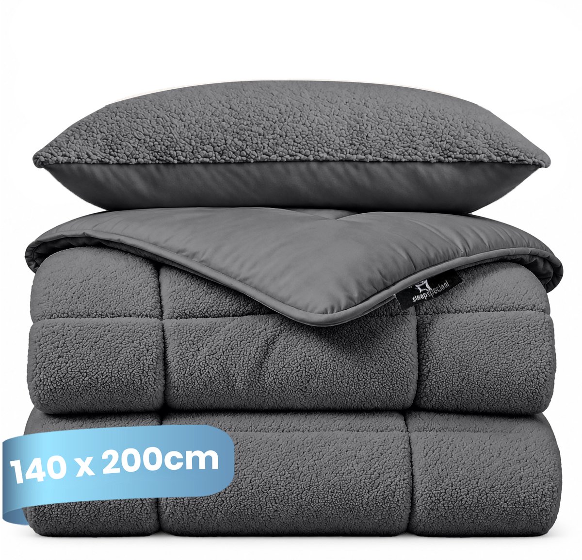 Slaapspeciaal Teddydekbed - Dekbed zonder overtrek - Winterdekbed - Wasbaar dekbed zonder overtrek - Hoesloos dekbed - Fluffy - 2 in 1 Dekbed - Antraciet - 140x200 cm - Inclusief Kussensloop 60x70 cm