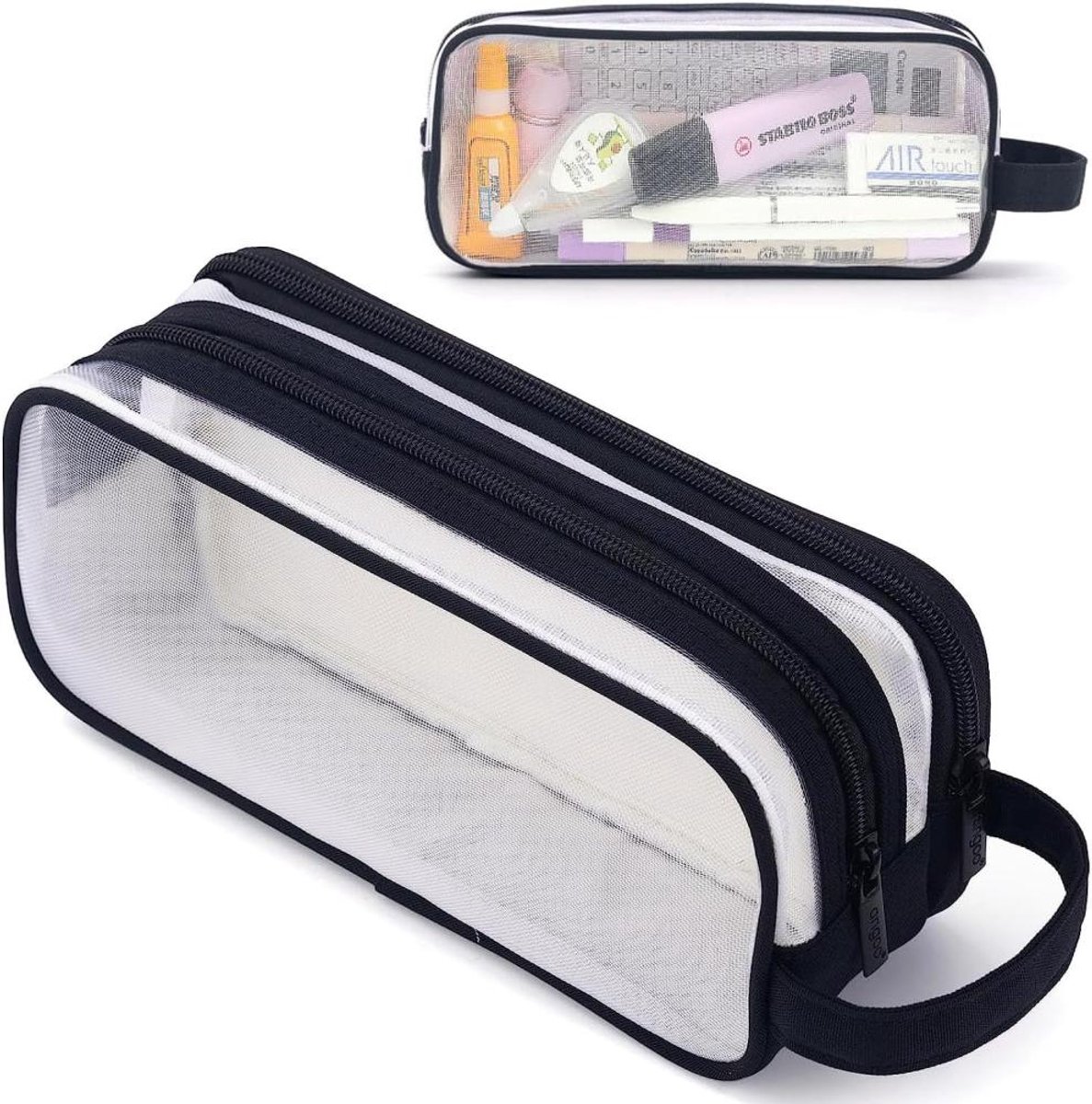Transparant etui - School benodigdheden - Zichtbare Inhoud - Transparante potlodenetui met raster - Praktische pennenzak met 2 vakken voor school en kantoor - Met 2 compartimenten en rits - Zwart - Nylonstof - 22,5 x 7,5 x 9,5 cm