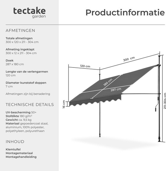 Technische tekening van een grijze luifel met afmetingen en specificaties zoals waterafstotend, UV-bestendig en gepoedercoat staal.