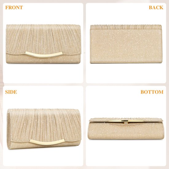 Vier weergaven van de gouden glitter clutch: voorkant, achterkant, zijkant en onderkant.