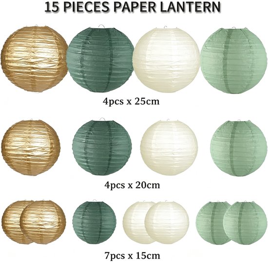 15 stuks papieren lantaarn - saliegroen papieren lampion - klassiek hangende papieren lantaarns - herbruikbaar - ronde lampenkap voor huisdecoratie, feesten, bruiloft en festivals — afbeelding 2