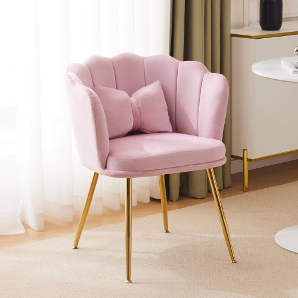Rolipo Fluwelen fauteuil - Bloemvormige rugleuning - Vlinderkussen - Vergulde metalen poten – Woonkamer en slaapkamer – 63 x 58 x 77 cm – Roze Roze met vergulde metalen poten
