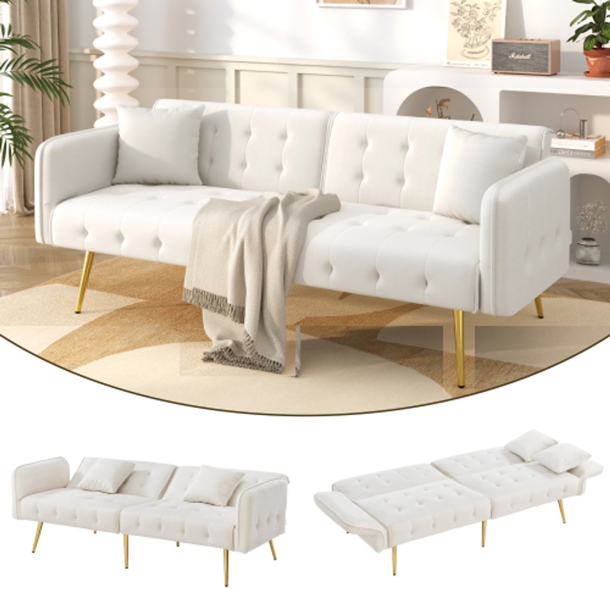 Rolipo 2-zits Slaapbank - Fluwelen Bedbank - Verstelbare Rugleuning en Armleuningen - Slaapoppervlak 215 x 81.5 cm - Voor Logeerkamer - Gebroken Wit