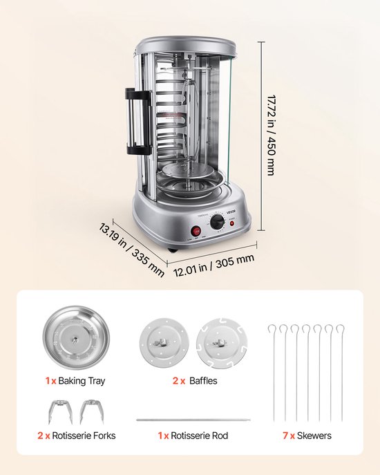 VEVOR Verticale Dönergrill 11,5 L 1500 W Gyrosgrill Kebab Shawarma Zilver voor Kleine Huishoudens, Maximale Temperatuur 190 °C, Timer 0–60 Minuten, Veiligheidsglazen Deur, Lekbak, Draaibare Vork en Spiesjes — afbeelding 3