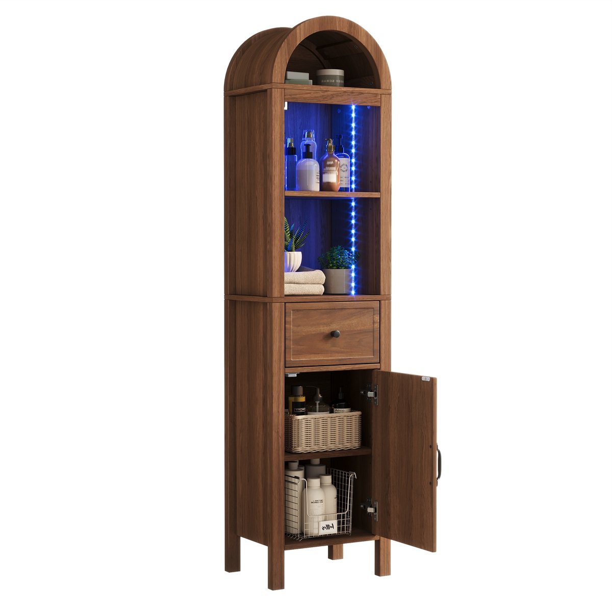 Hoge Staande Badkamerkast Met RGB-LEDverlichting - Lade En Deuren - Open Legplanken - Walnootkleurig MDF Voor Badkamer