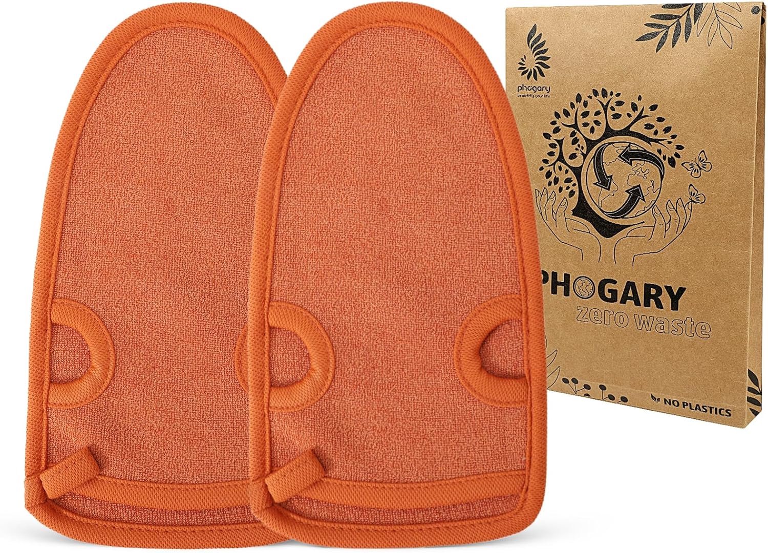 PHOGARY 2pcs Exfoliating Gloves for Bath Shower - Exfoliating Body Scrub Gloves Mittens, Exfoliate Arms Legs Face Dead Skin Peeling Accessory (Orange)
