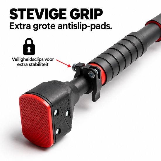 Detail van de optrekstang met rode antislip-pads, veiligheidsclips en een groen waterpas. Tekst: "STEVIGE GRIP. Extra grote antislip-pads."
