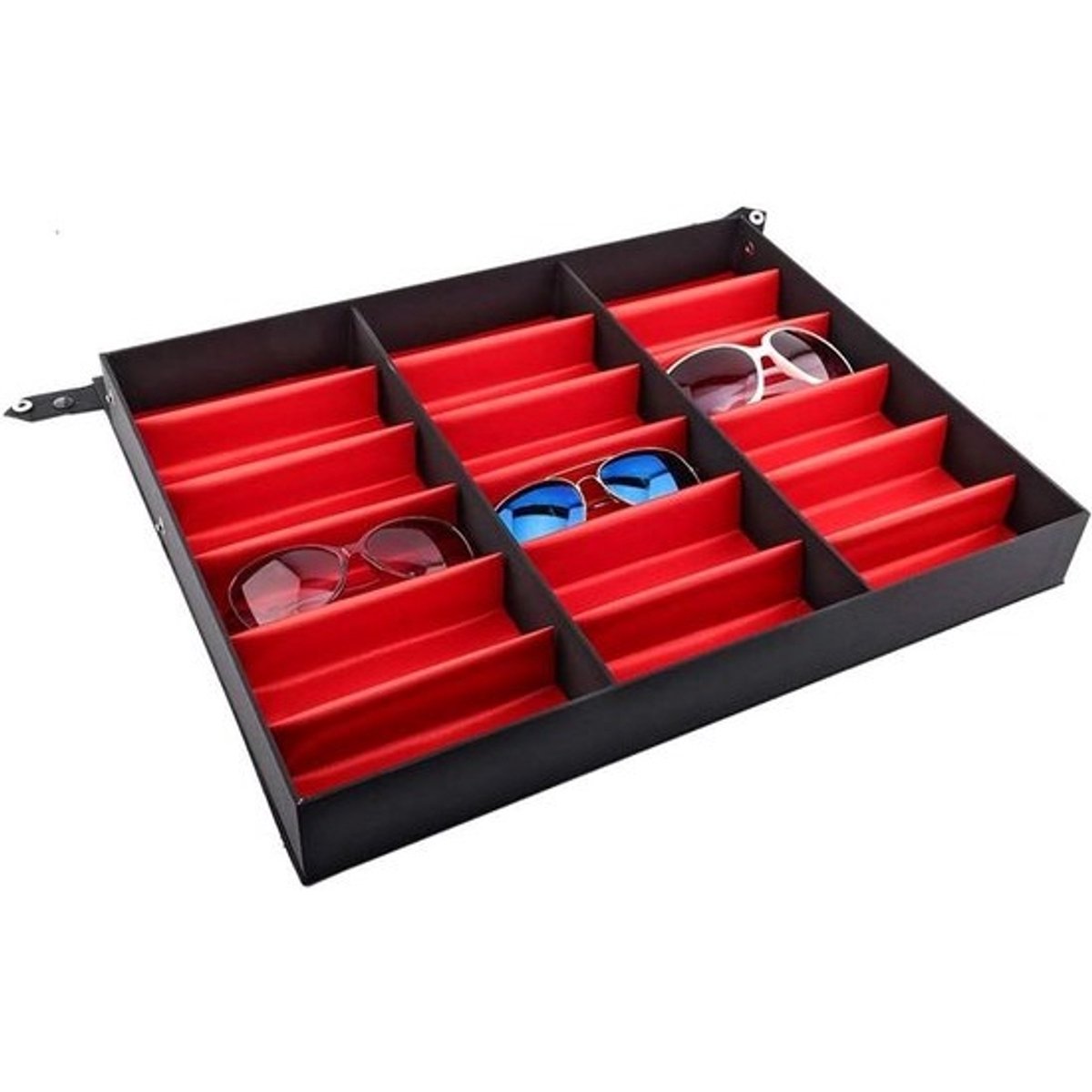 Opbergdoos en display voor 18 brillen en zonnebrillen - Zwart en rood - 47 x 37 x 6 cm