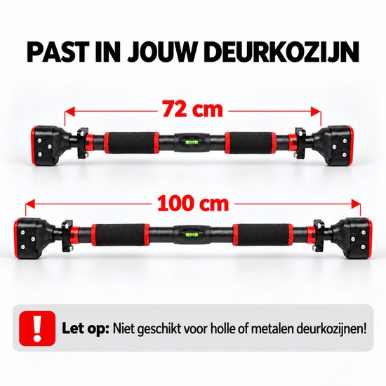 Twee optrekstangen, zwart met rood, met afmetingen 72 cm en 100 cm. "PAST IN JOUW DEURKOZIJN". Waarschuwing: Niet geschikt voor holle of metalen deurkozijnen!