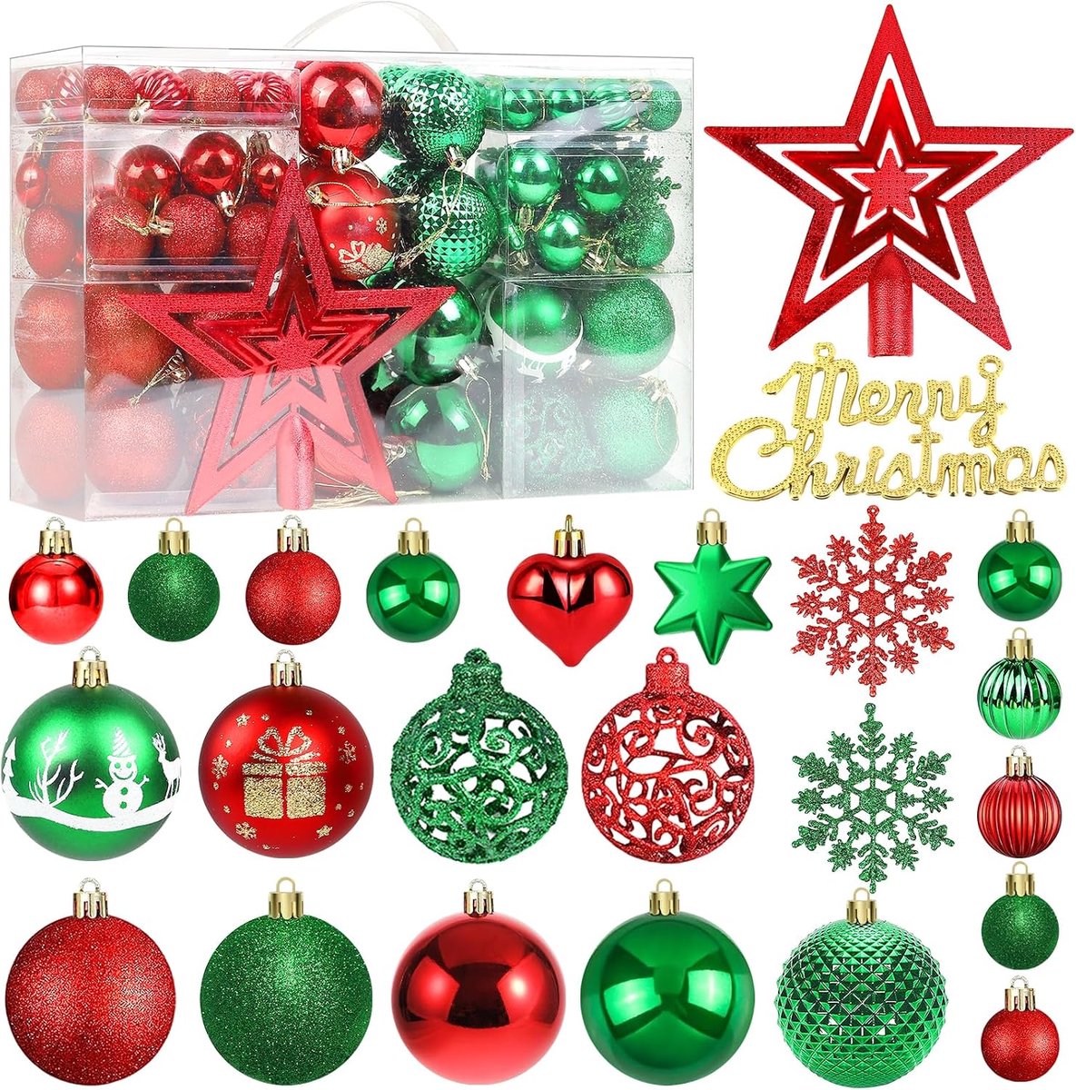 Kerstballen, ornamentenset, 101 stuks, kerstboomdecoraties, kerstballen met ballen, sterren, sneeuwvlokken, decoratie voor Kerstmis, vakantie, bruiloft, feestdecoraties (rood en groen)