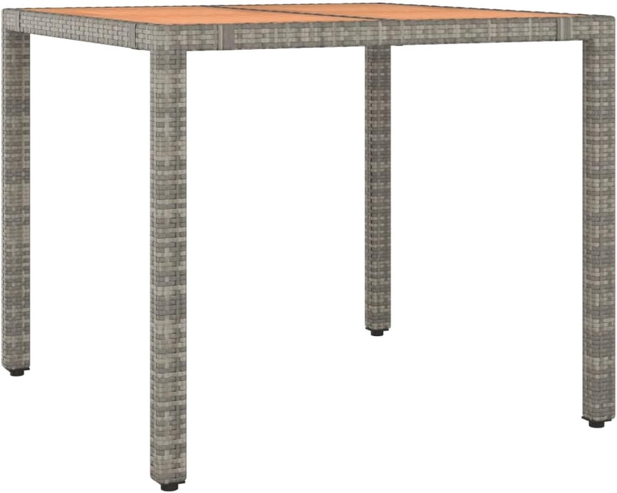 Tafel, eetkamer, tuin, buiten, van polyrotan grijs en acaciahout, 90 x 90 x 75 cm, tuintafel van rotan en hout, buitentafel van rotan en hout, tuintafel van hout