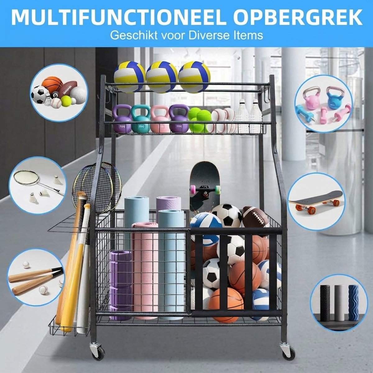Sportuitrusting Opbergrek - Ballenrek Met Wielen - Stalen Ballenopberger Met Manden, Haken En Knuppelhouder - Voor Garage, Sportzaal En Tuin, Zwart