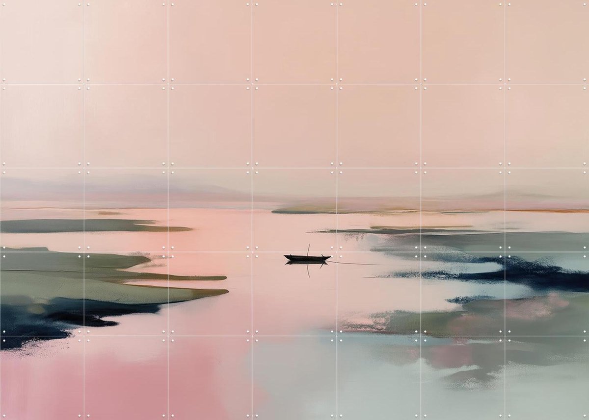 IXXI Pink Estuary Boat Landscape, Branka Kodžoman - 140 x 100 cm - Gratis ophangtool - Grote wanddecoratie en posters - Abstract, Aquarel, Trap