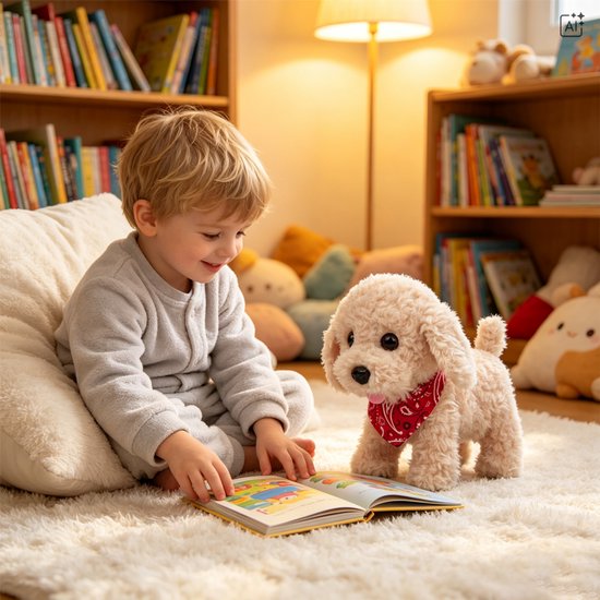 Realistische pluche speelgoedhond voor kinderen - Hond aan de lijn - Loopt, blaft, kwispelt met zijn staart - Geel — afbeelding 4